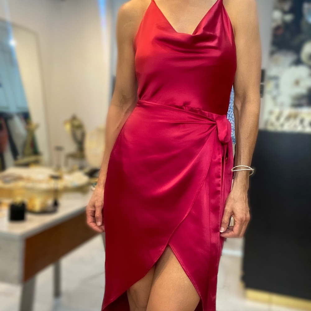 Elegant Red Satin Wrap Dress
